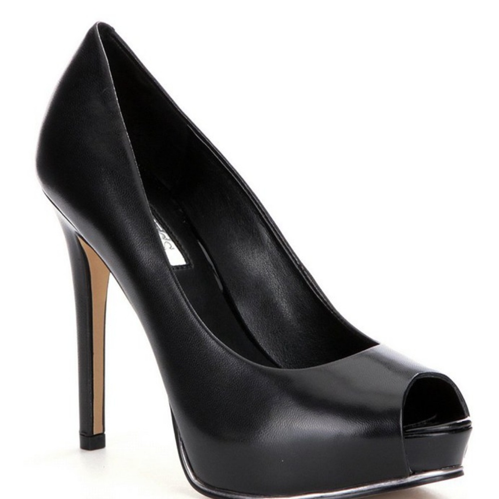 Guess Honora Black Leather Peep Toe Heels